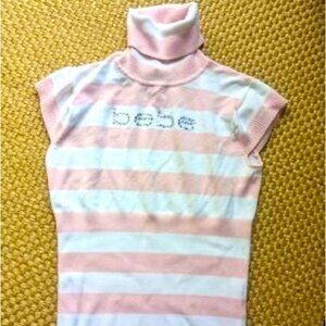 Bebe Fitted Turtle Neck Short Sleeve Pink & White Top striped candy pink white